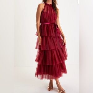 Lulus Wondrous Glamour Wine Red Tulle Tiered Halter  Dress Size S Evening NWT